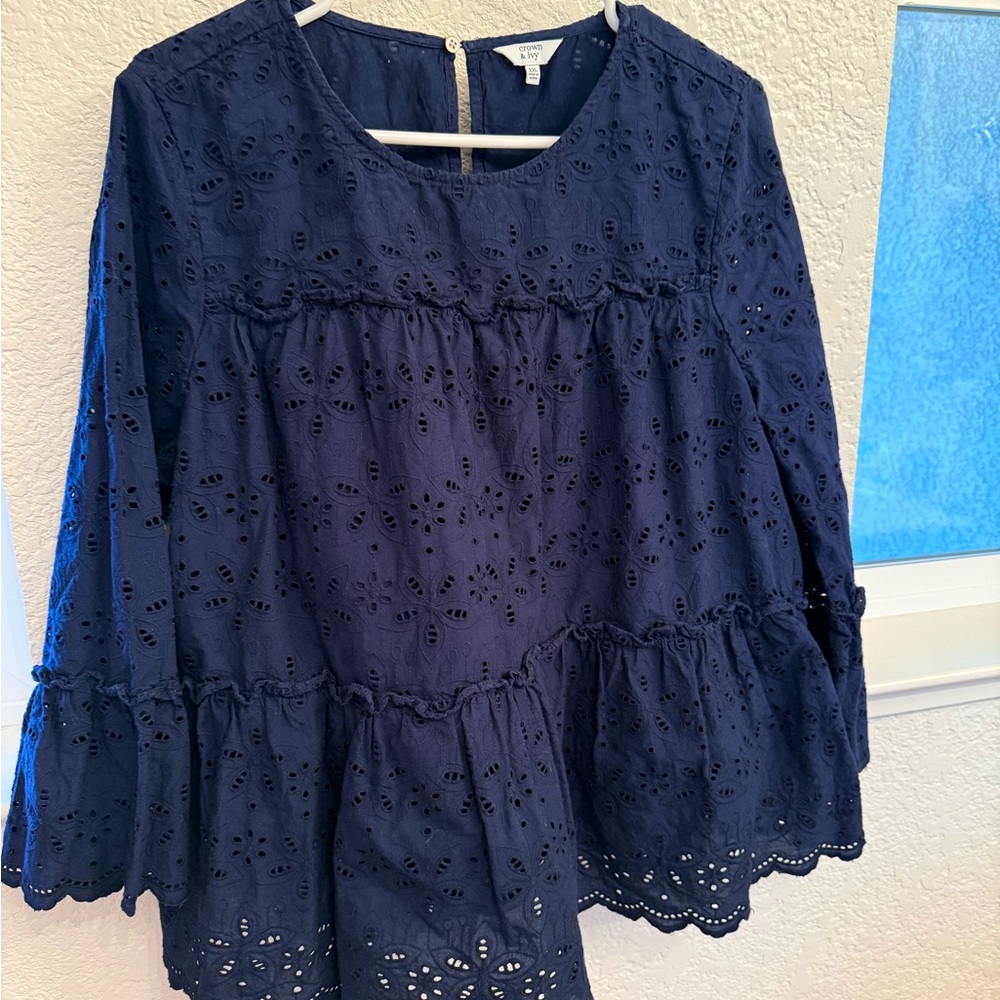 Navy Blue 100% Cotton Eyelet Blouse by Crown & Ivory-Boho Flutter Sleeve XXL - Picture 7 of 17